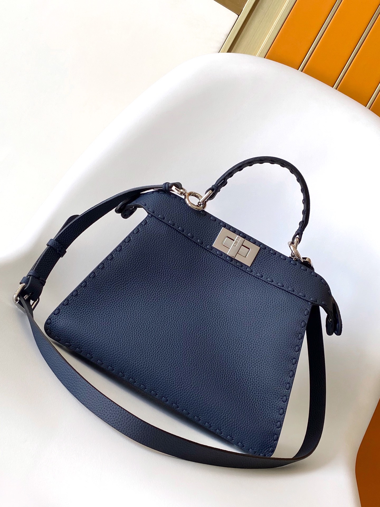 Fendi Peekaboo ISeeU Small Dark Blue Selleria Bag with 556 Hand-sewn Topstitches